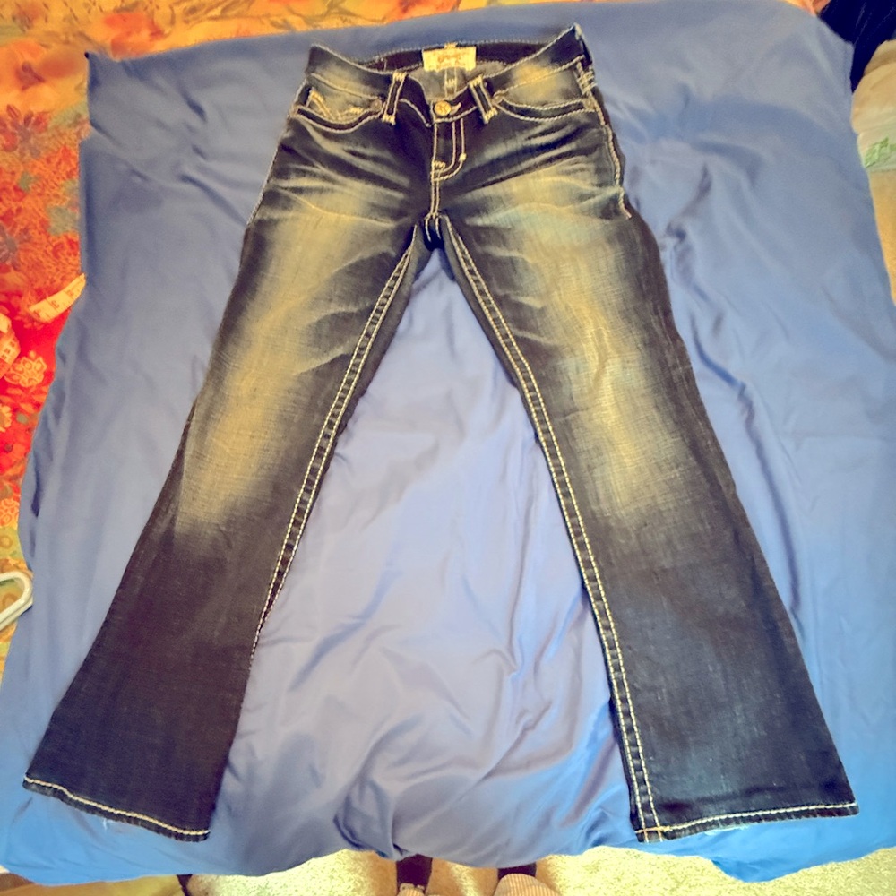 Big Star Maddie Boot medium dark wash distressed bootcut jeans, Size 26R